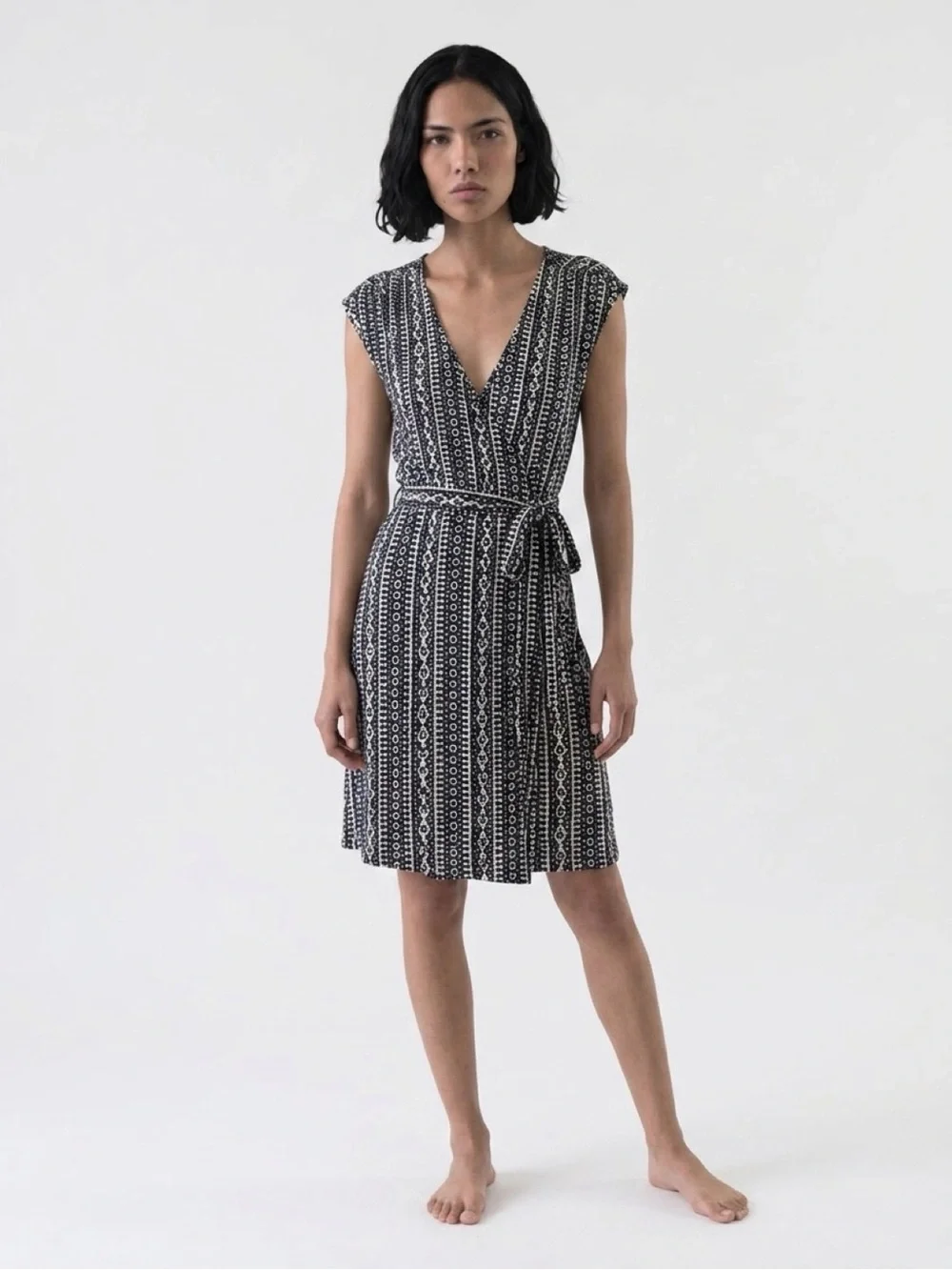 Tory Burch Navy and White Printed Sleeveless Wrap Dress